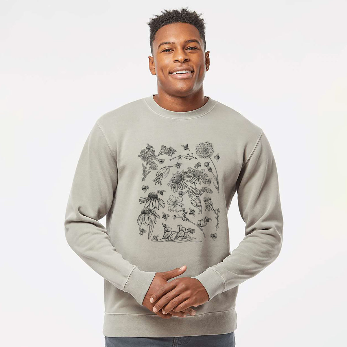 Bees &amp; Blooms - Honeybees with Wildflowers - Unisex Pigment Dyed Crew Sweatshirt