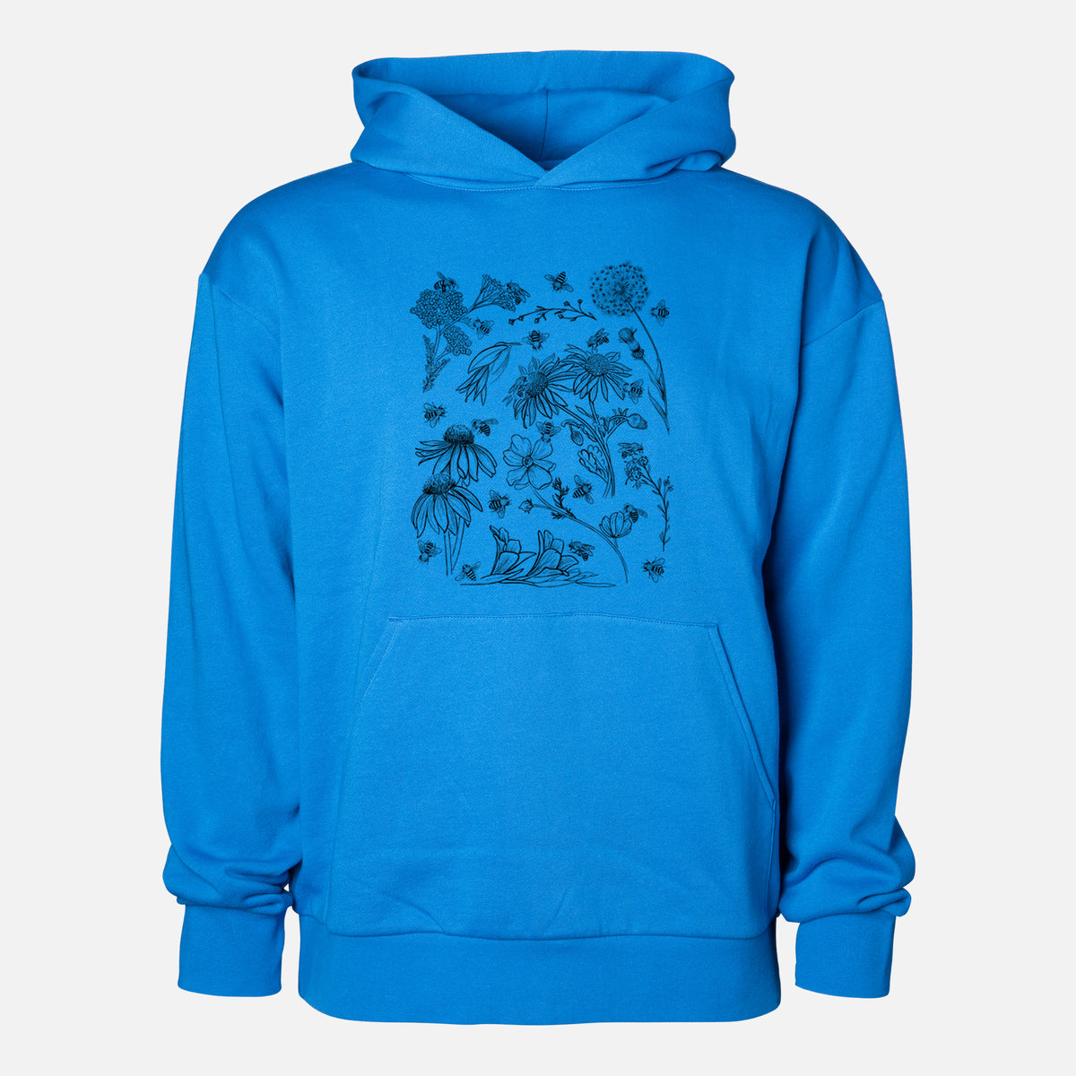 Bees & Blooms - Honeybees with Wildflowers - Statement Midweight Hoodie in Azure Blue, shown from the front with the design printed on the chest above a front kangaroo pocket.
