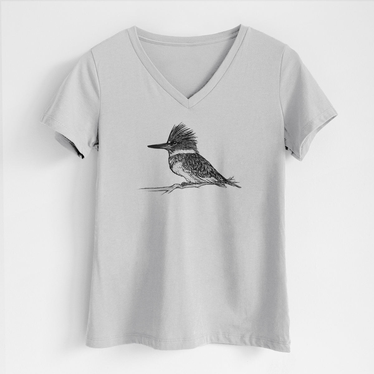 Belted Kingfisher - Megaceryle alcyon - Women&#39;s Lightweight Relaxed Fit 100% Cotton V-neck