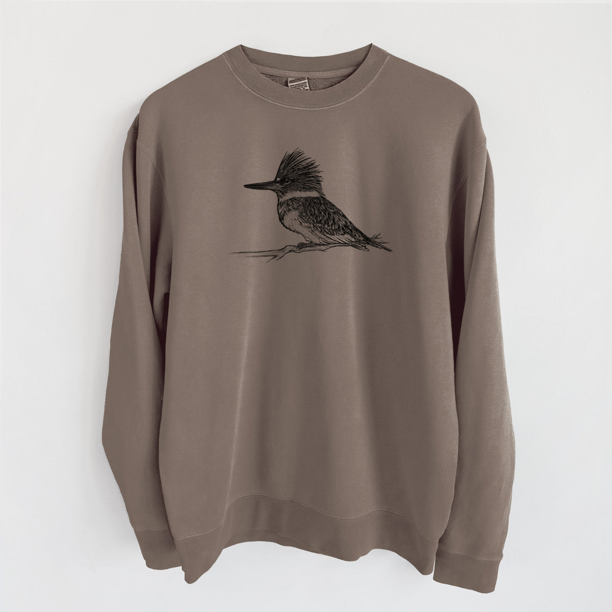 Belted Kingfisher - Megaceryle alcyon - Unisex Pigment Dyed Crew Sweatshirt in Espresso Brown Color