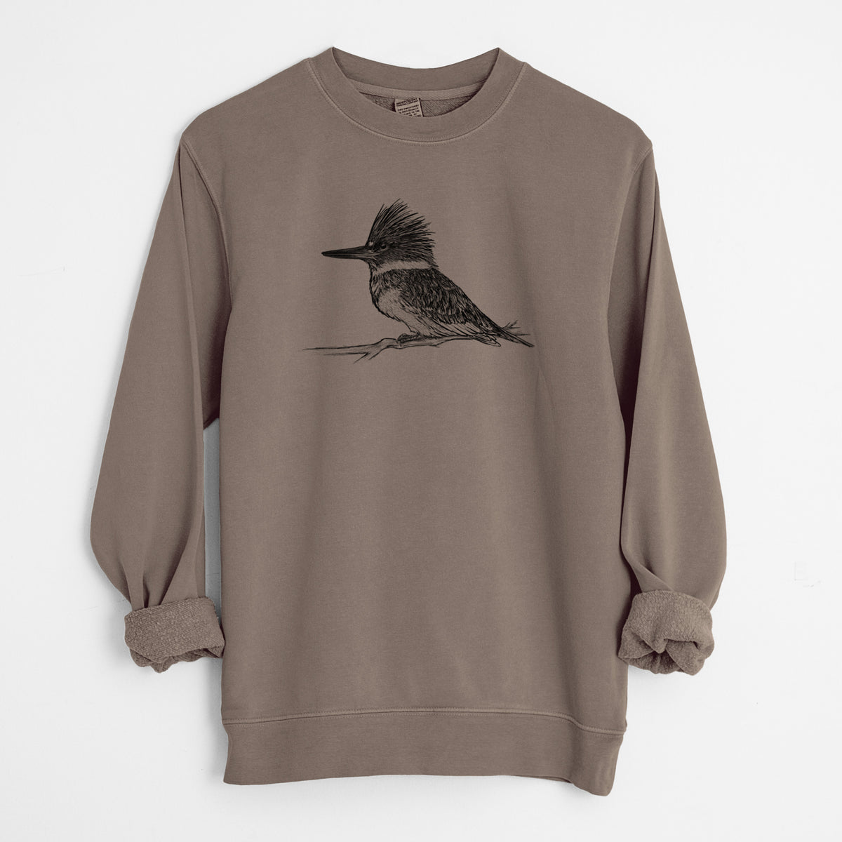 Belted Kingfisher - Megaceryle alcyon - Unisex Pigment Dyed Crew Sweatshirt in Espresso Brown Color