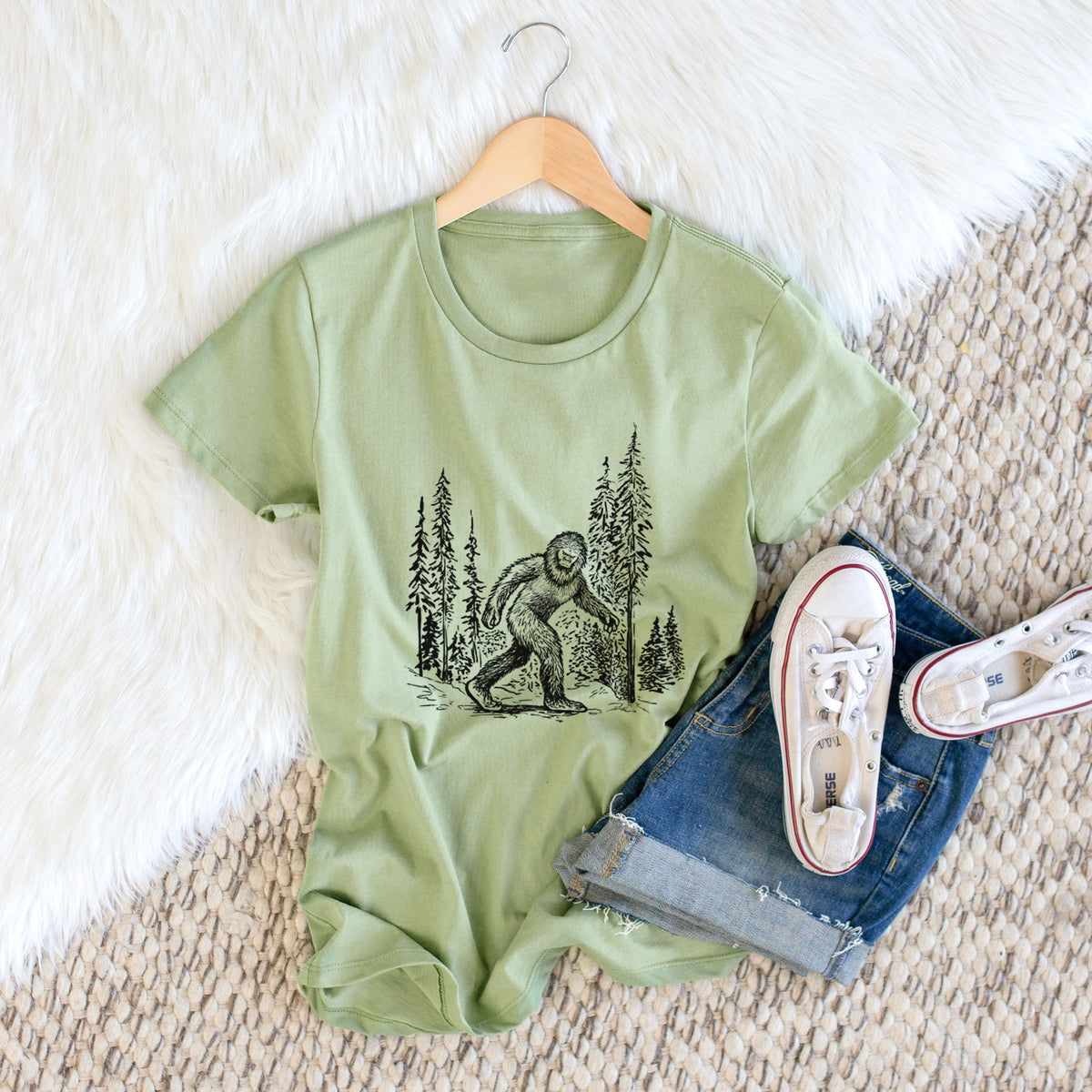 Bigfoot in the Woods - Women&#39;s Crewneck - Made in USA - 100% Organic Cotton