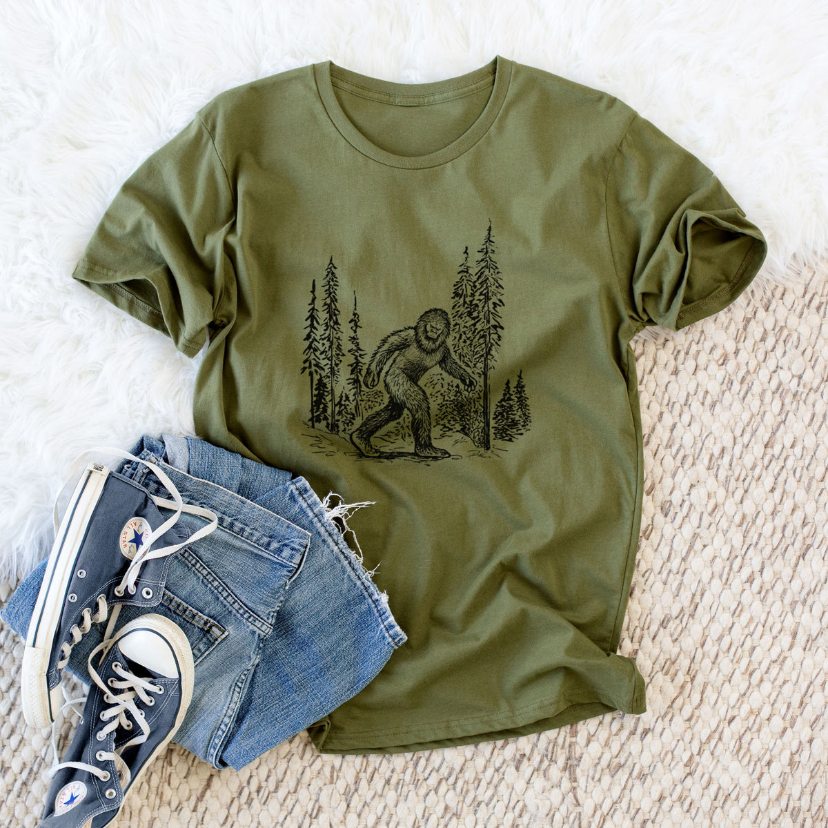 CLOSEOUT - Bigfoot in the Woods - Unisex Crewneck - Made in USA - 100% Organic Cotton