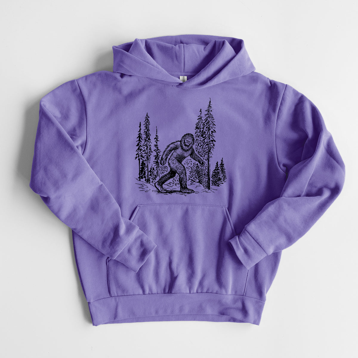 Bigfoot in the Woods - Statement Midweight Hoodie in Violet, laid flat, showing the oversized boxy fit and front kangaroo pocket.