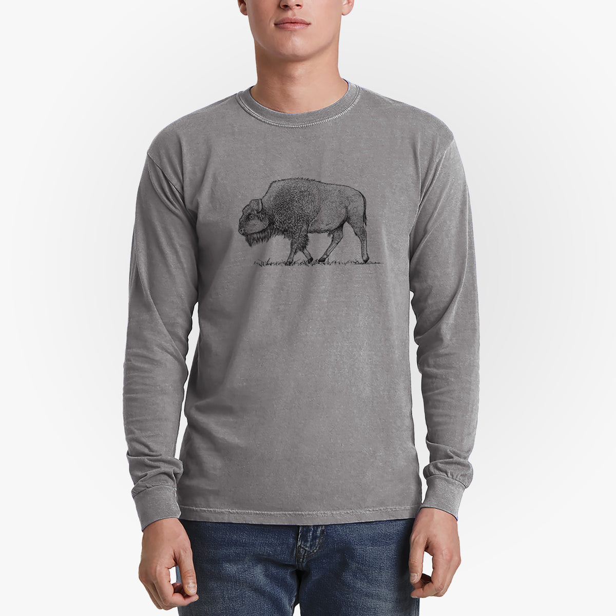 American Bison / Buffalo - Bison bison - Men&#39;s Heavyweight 100% Cotton Long Sleeve