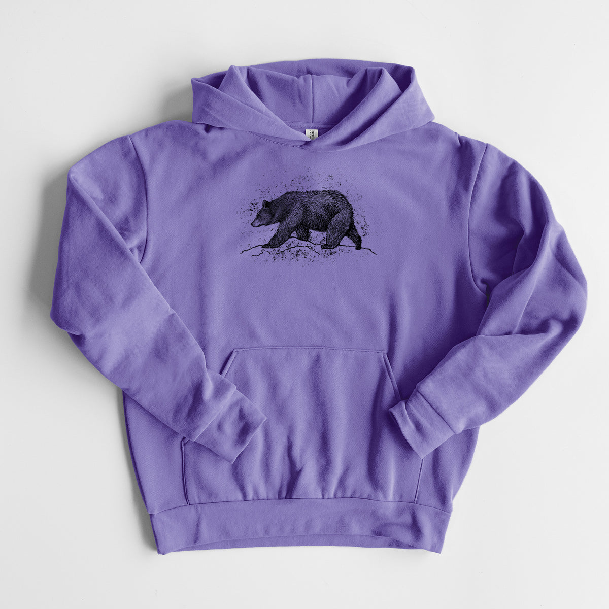 Black Bear - Statement Midweight Hoodie in Violet, laid flat, showing the oversized boxy fit and front kangaroo pocket.