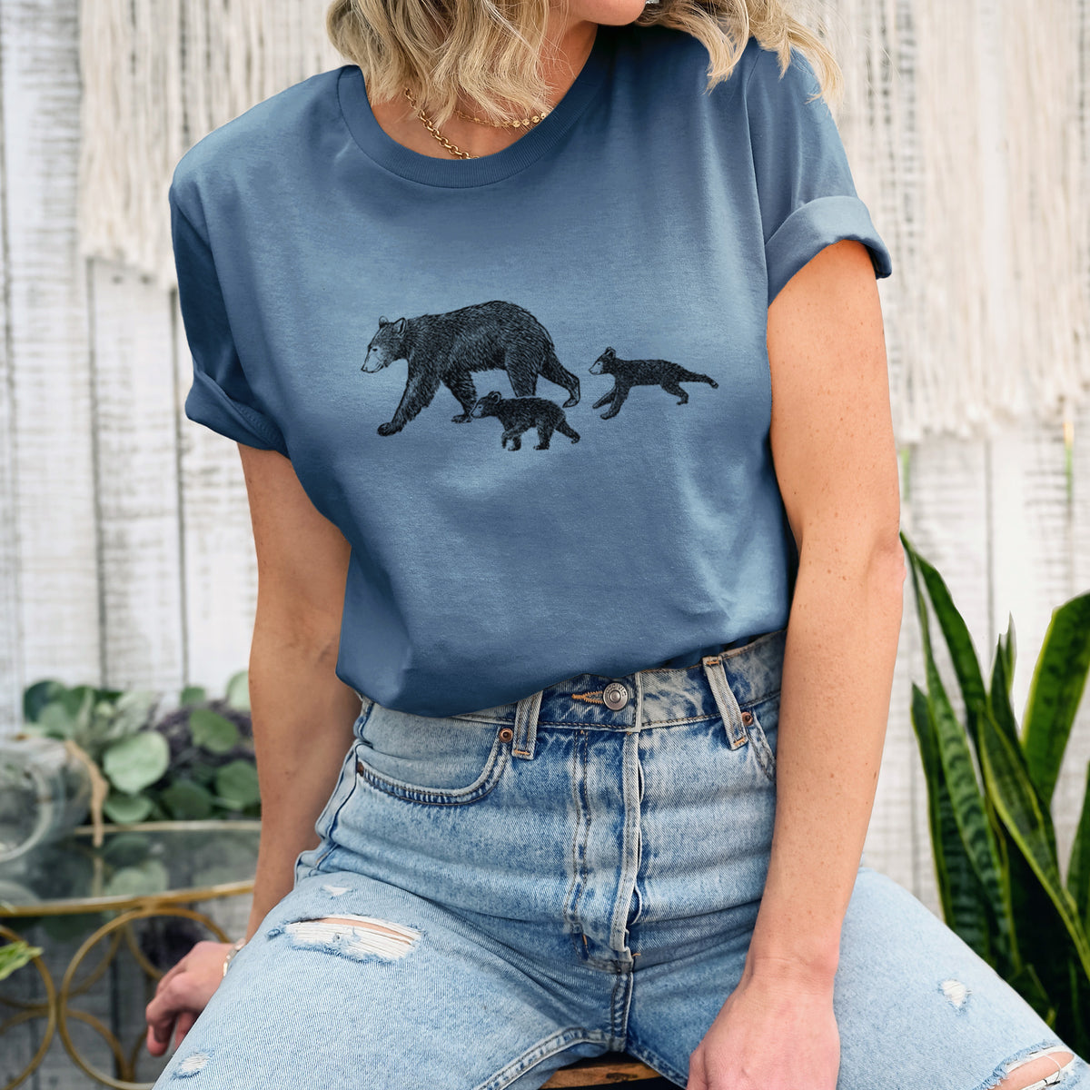 Mama Black Bear with Cubs - Lightweight 100% Cotton Unisex Crewneck