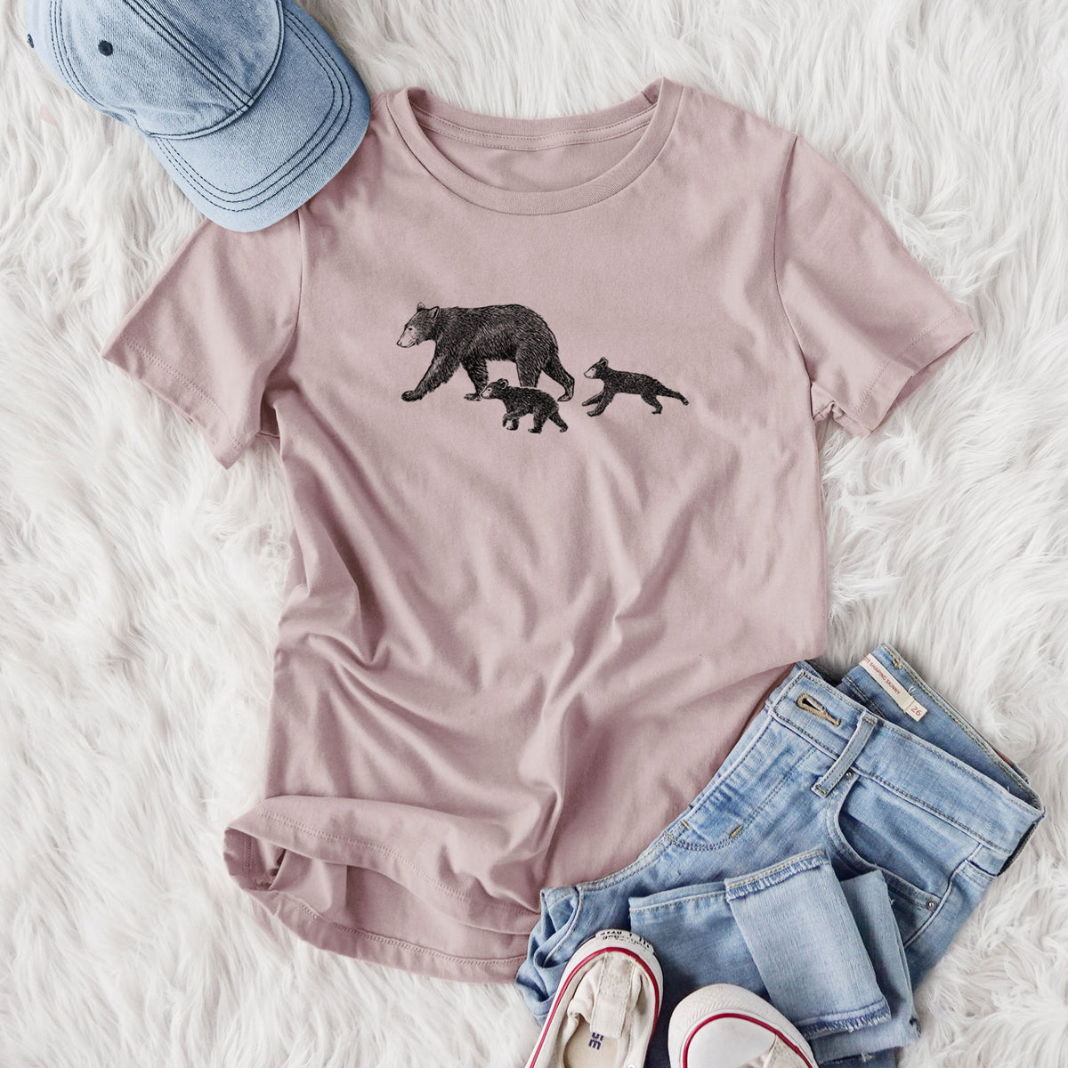 Mama Black Bear with Cubs - Women's Lightweight Relaxed Fit 100% Cotton Crewneck