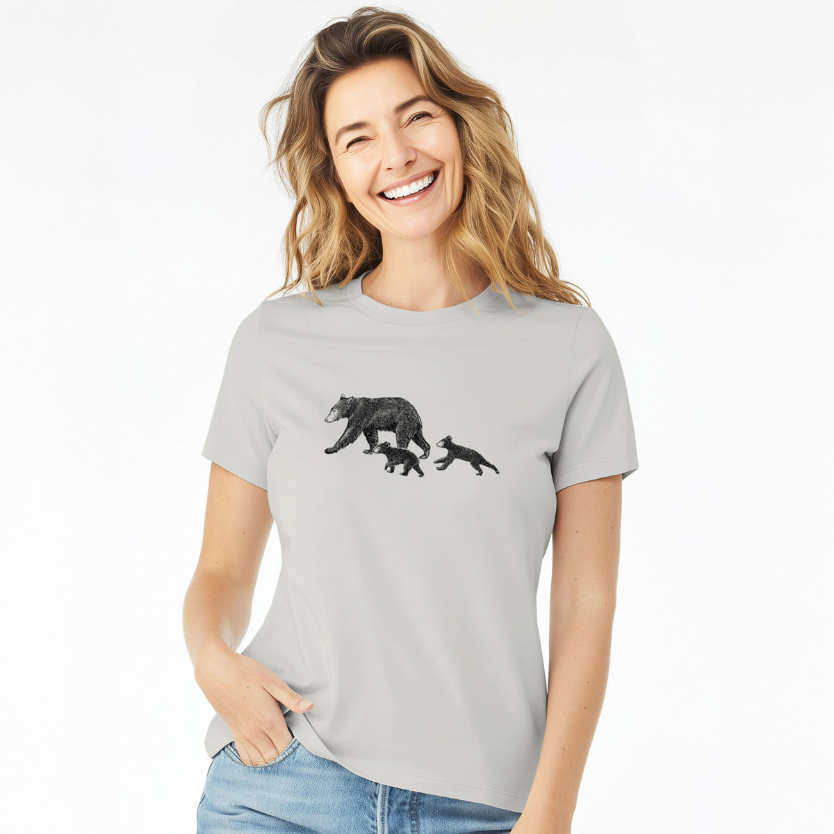 Mama Black Bear with Cubs - Women's Lightweight Relaxed Fit 100% Cotton Crewneck