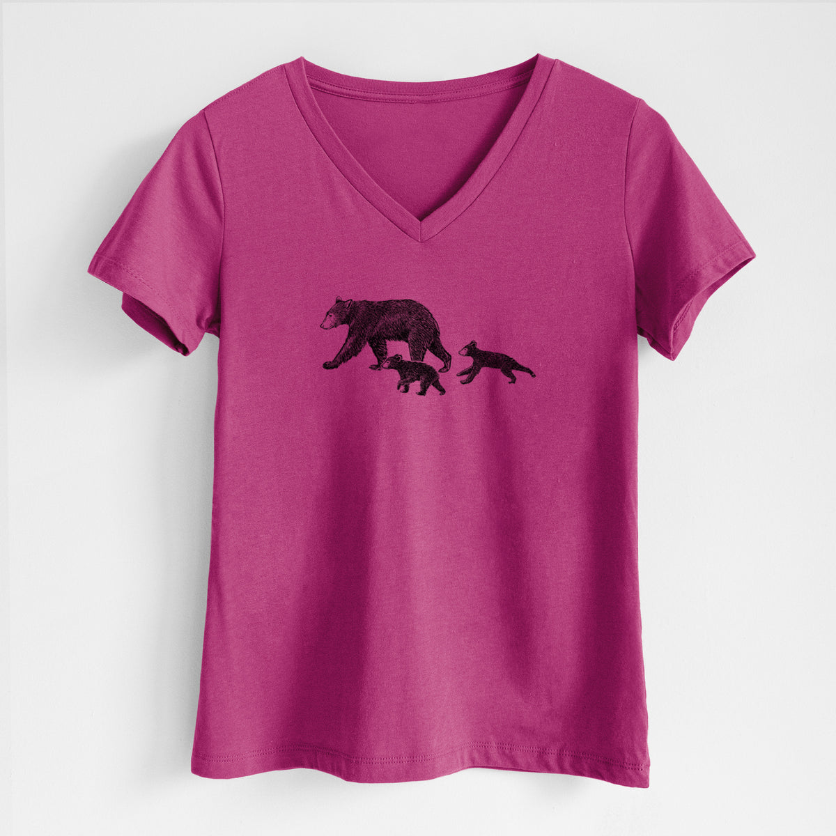 Mama Black Bear with Cubs - Women's Lightweight Relaxed Fit 100% Cotton V-neck