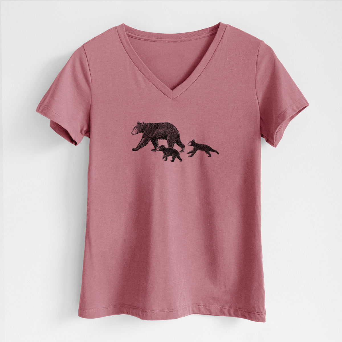 Mama Black Bear with Cubs - Women's Lightweight Relaxed Fit 100% Cotton V-neck