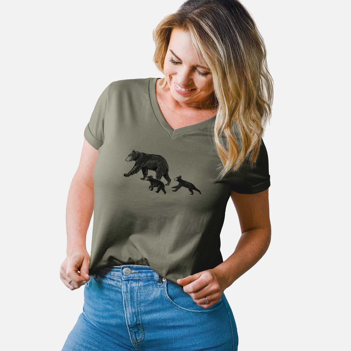 Mama Black Bear with Cubs - Women's Lightweight Relaxed Fit 100% Cotton V-neck