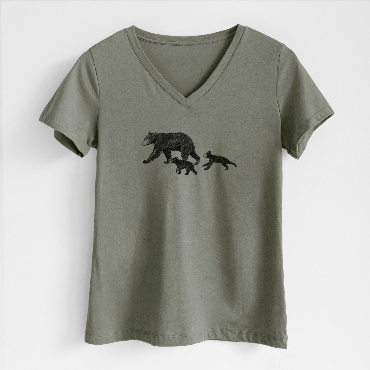 Mama Black Bear with Cubs - Women's Lightweight Relaxed Fit 100% Cotton V-neck