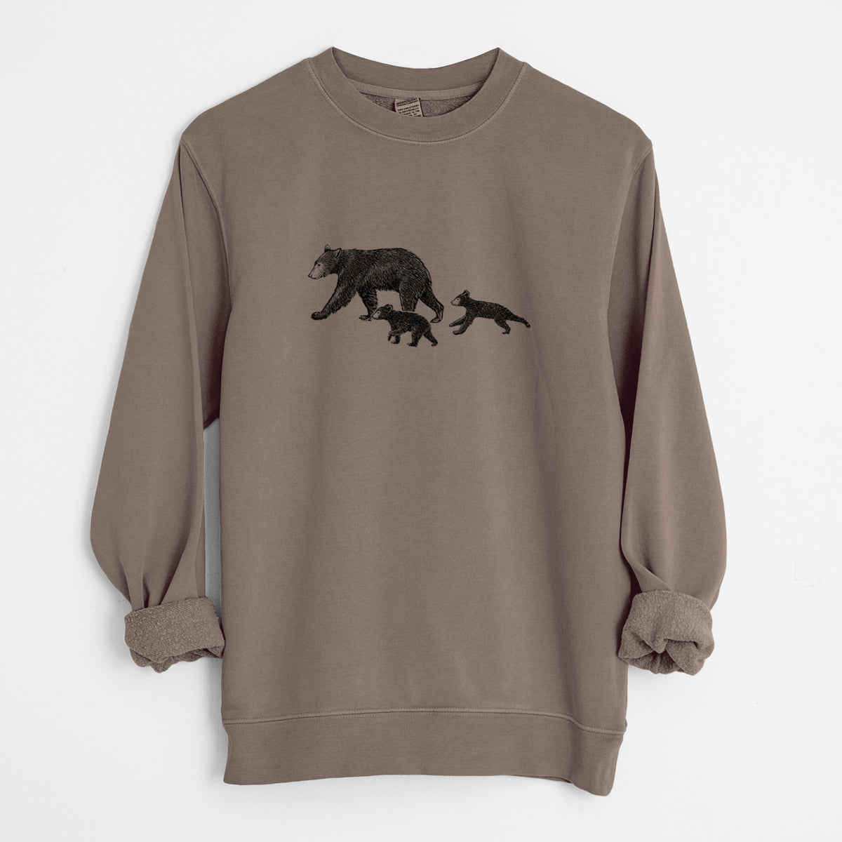Mama Black Bear with Cubs - Unisex Pigment Dyed Crew Sweatshirt in Espresso Brown Color