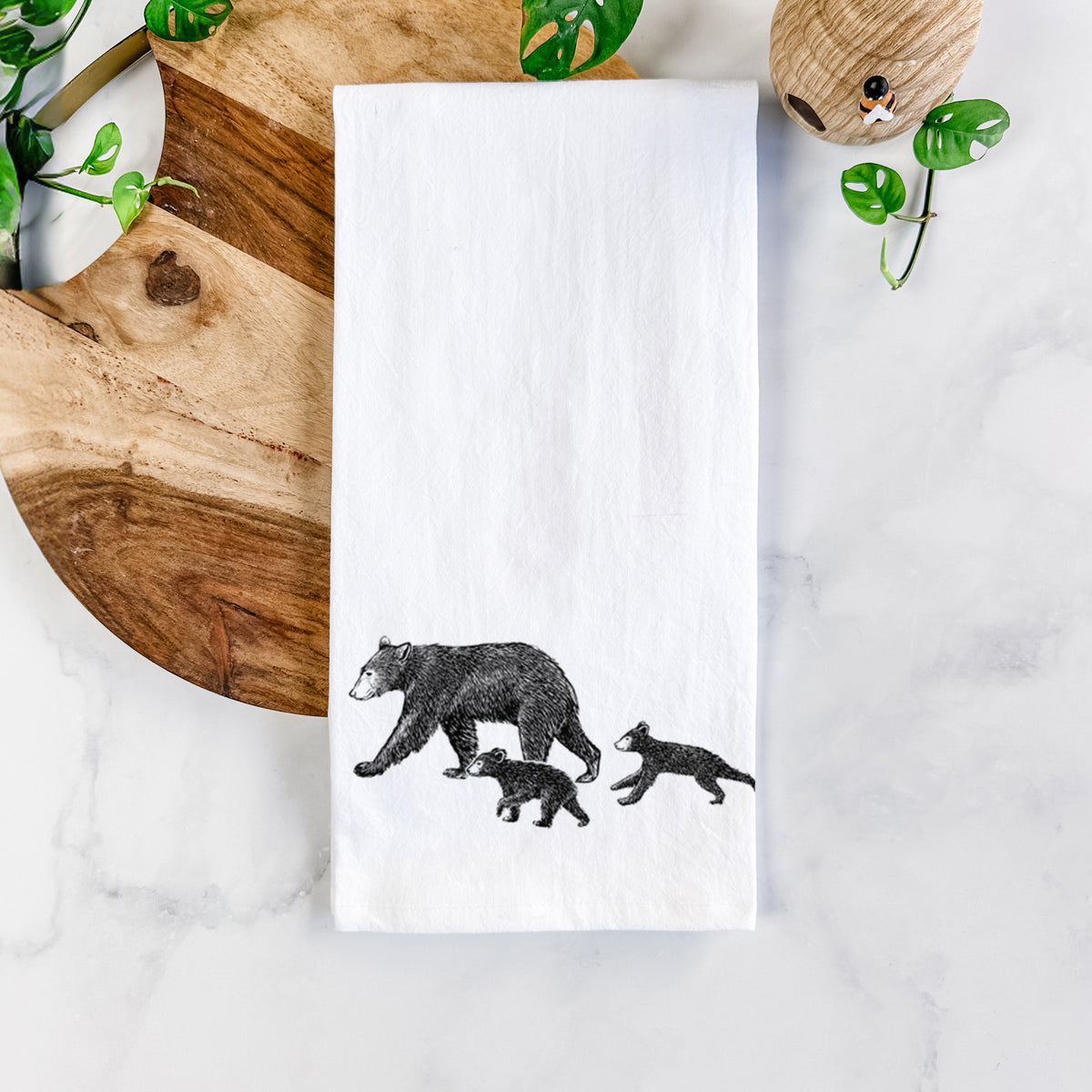 Mama Black Bear with Cubs Tea Towel