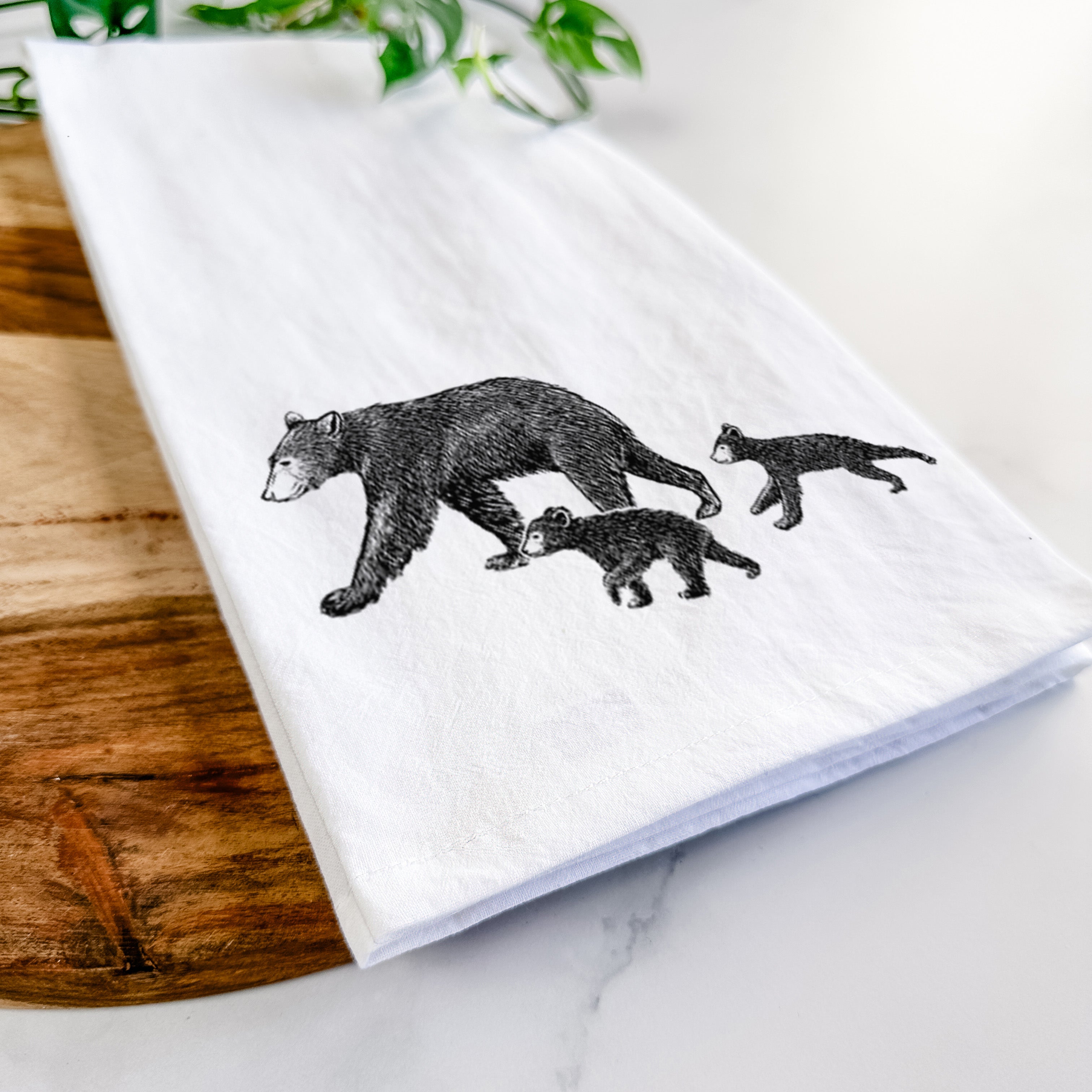 Mama Black Bear with Cubs Tea Towel