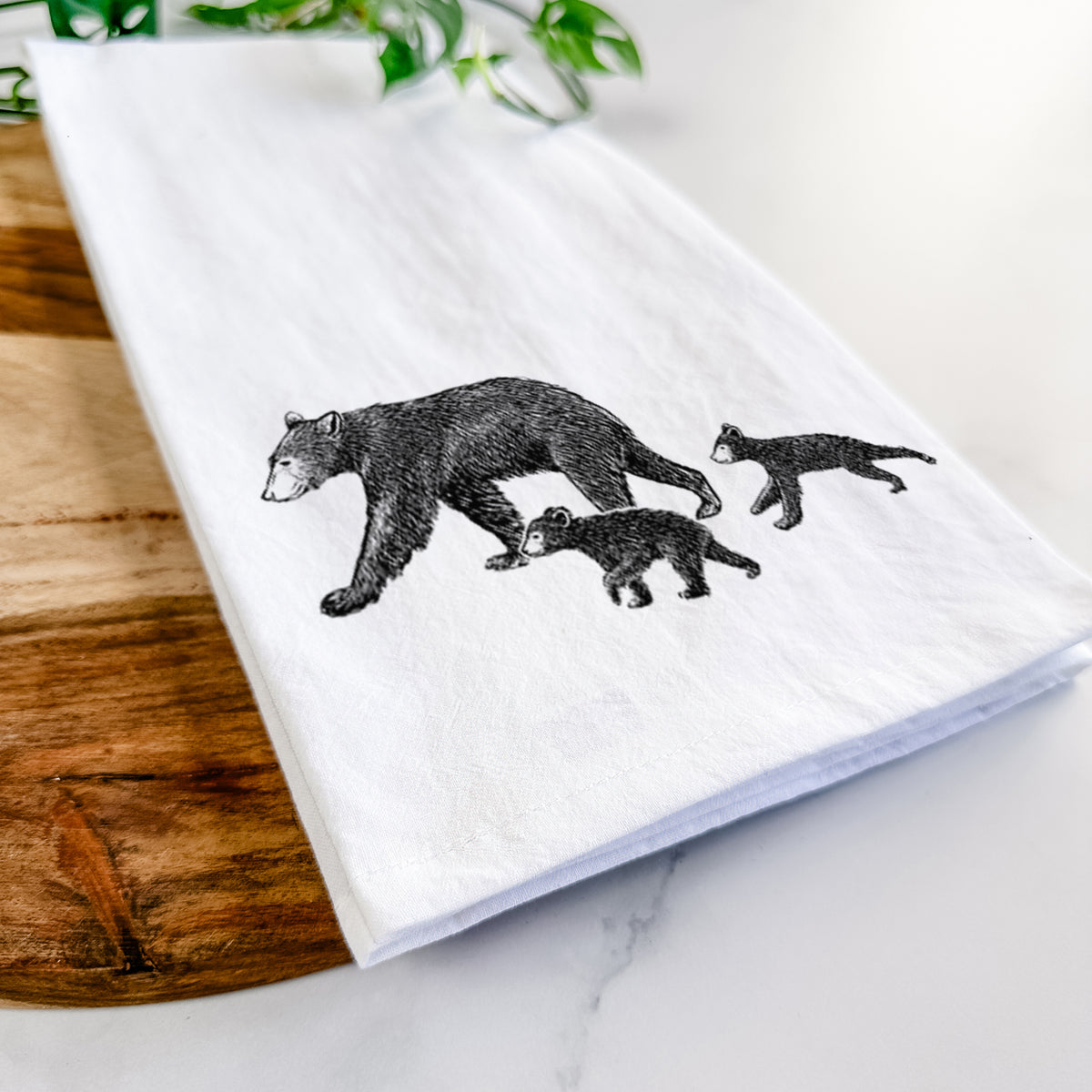 Mama Black Bear with Cubs Tea Towel