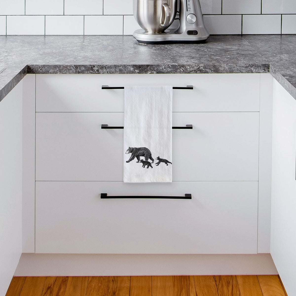 Mama Black Bear with Cubs Tea Towel