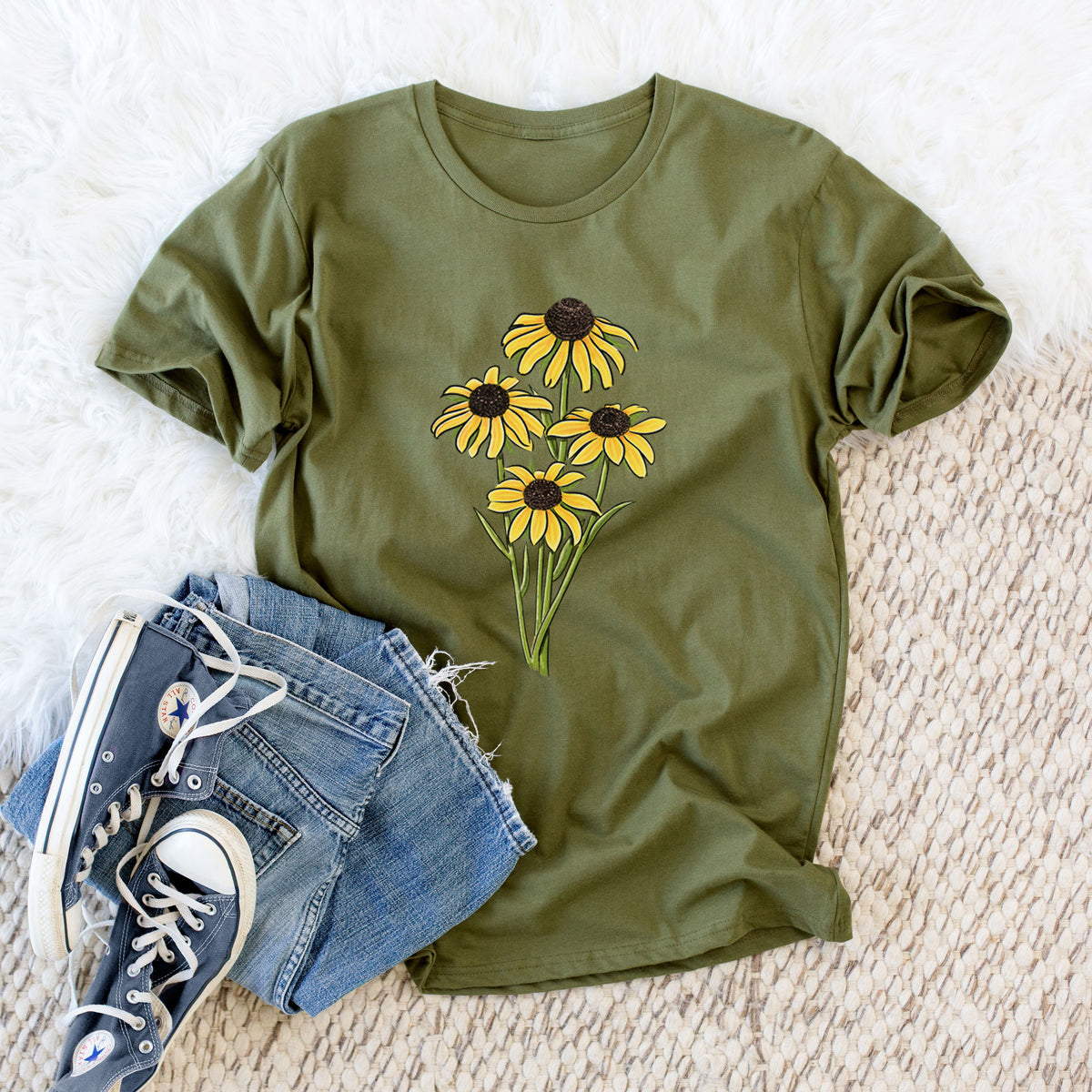 Black-eyed Susans - Rudbeckia hirta - Unisex Crewneck - Made in USA - 100% Organic Cotton