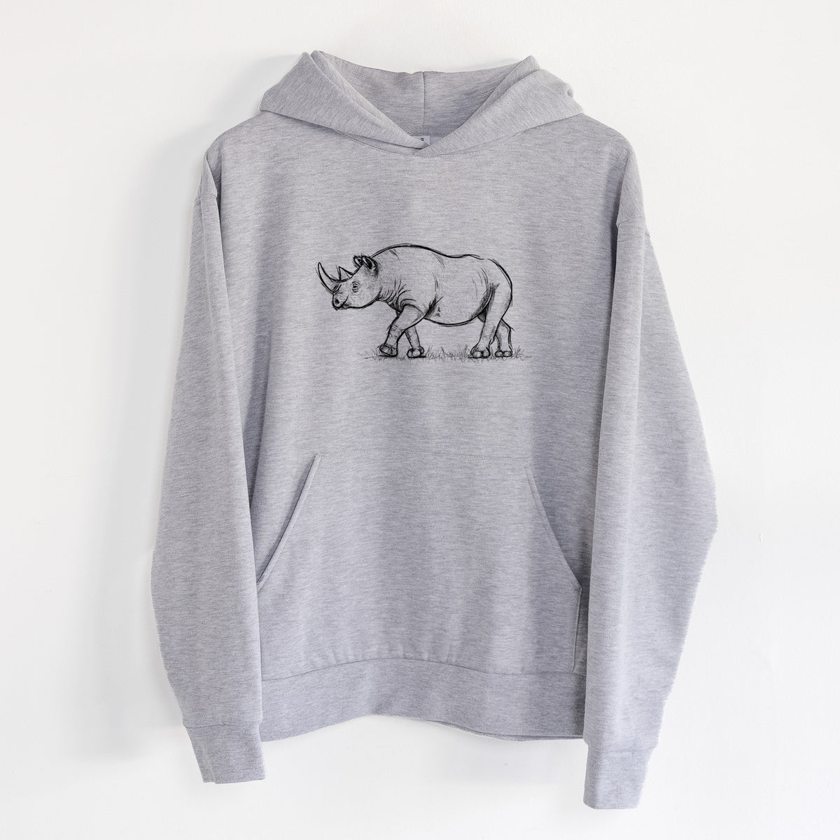 Black Rhinoceros - Diceros bicornis - Statement Midweight Hoodie in Heather Grey, hanging on a white wall, with a front kangaroo pocket and no drawcords.