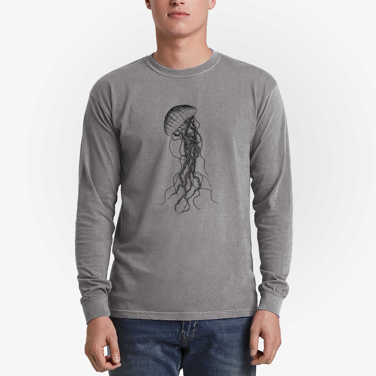 Black Sea Nettle Jellyfish - Chrysaora achlyos - Men&#39;s Heavyweight 100% Cotton Long Sleeve