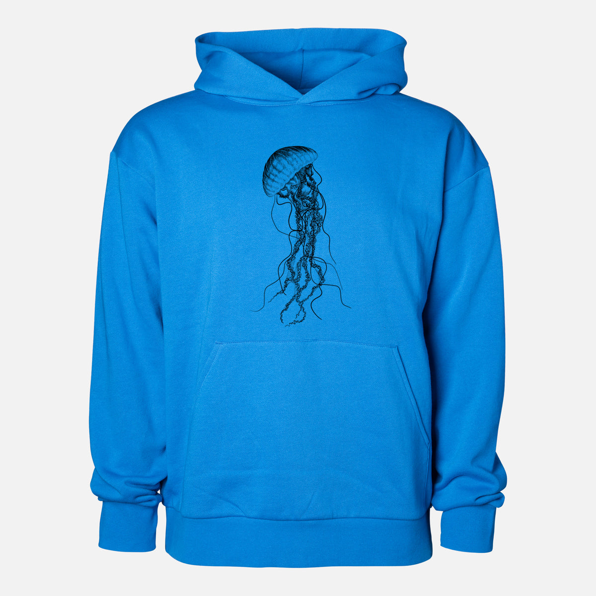 Black Sea Nettle Jellyfish - Chrysaora achlyos - Statement Midweight Hoodie in Azure Blue, shown from the front with the design printed on the chest above a front kangaroo pocket.