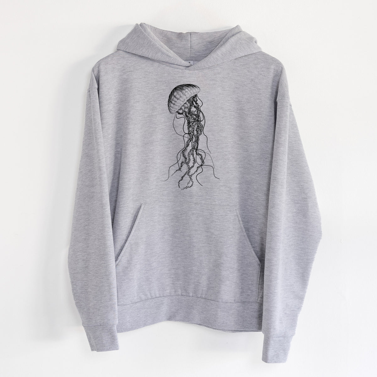 Black Sea Nettle Jellyfish - Chrysaora achlyos - Statement Midweight Hoodie in Heather Grey, hanging on a white wall, with a front kangaroo pocket and no drawcords.