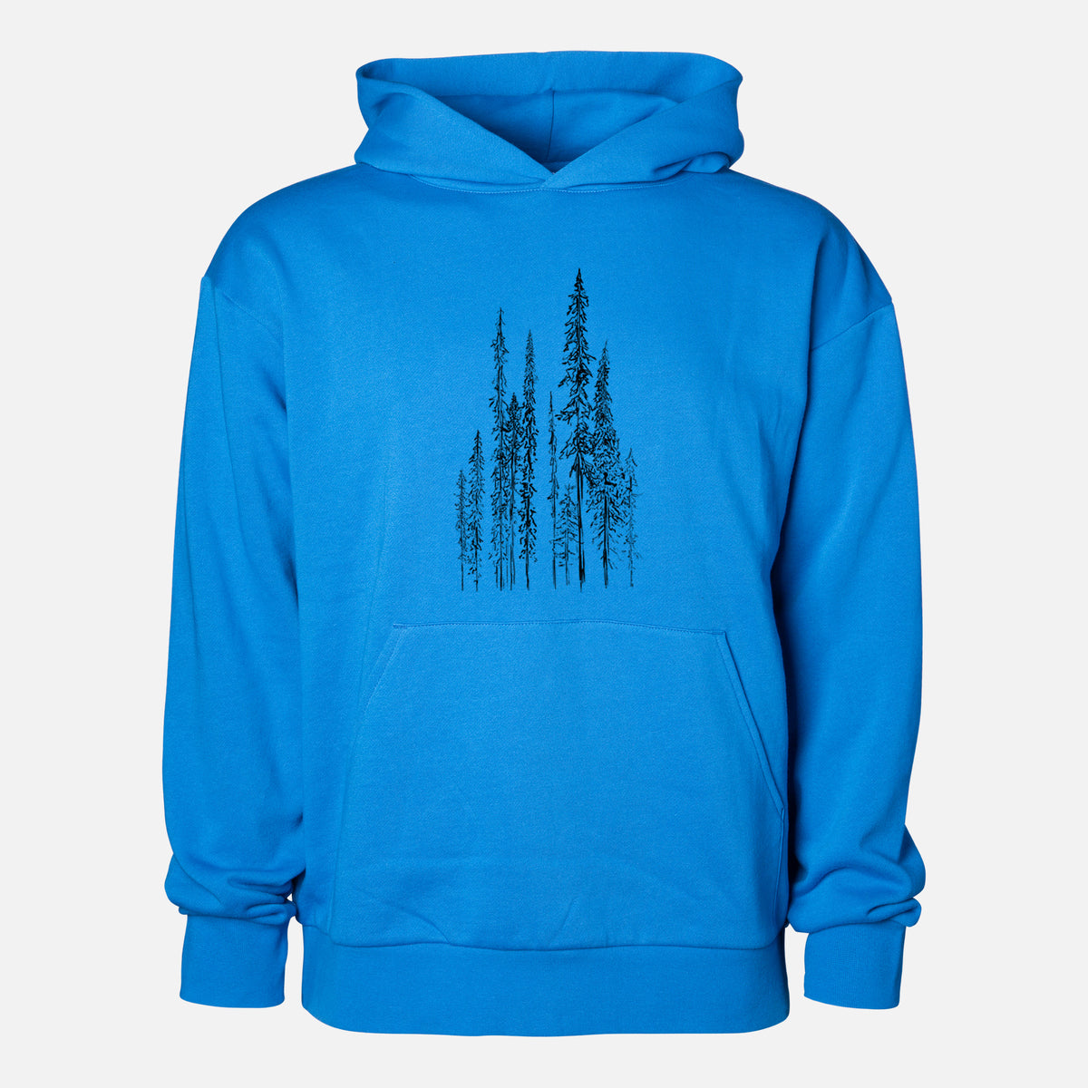 Black Spruce (Picea mariana) - Statement Midweight Hoodie in Azure Blue, shown from the front with the design printed on the chest above a front kangaroo pocket.