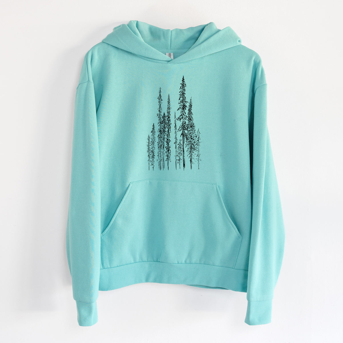Black Spruce (Picea mariana) - Statement Midweight Hoodie in Seafoam, hanging on a white wall, with a front kangaroo pocket and no drawcords.