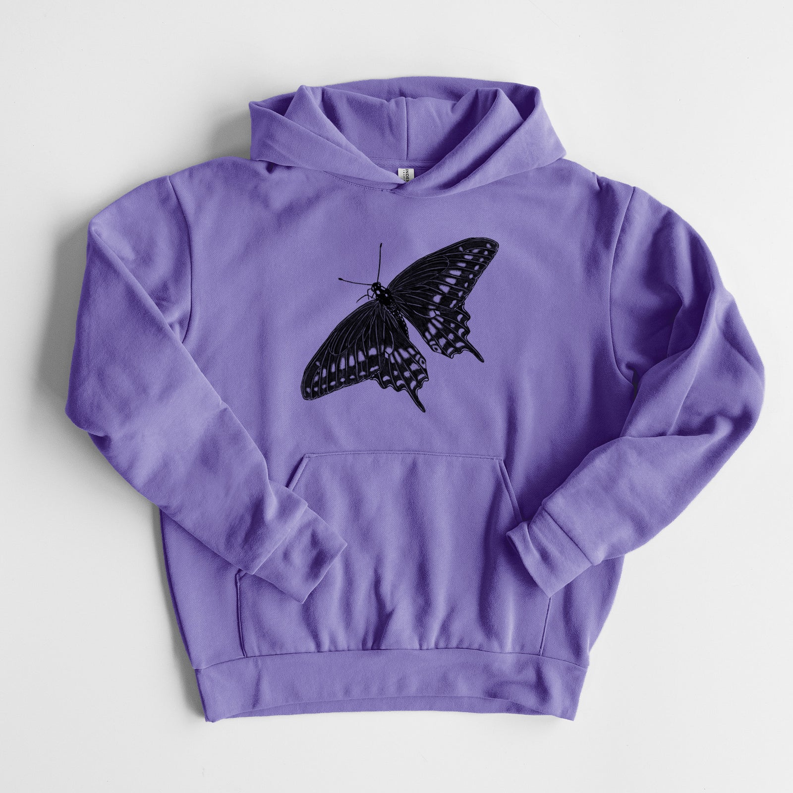 Black Swallowtail Butterfly - Papilio polyxenes - Statement Midweight Hoodie in Violet, laid flat, showing the oversized boxy fit and front kangaroo pocket.