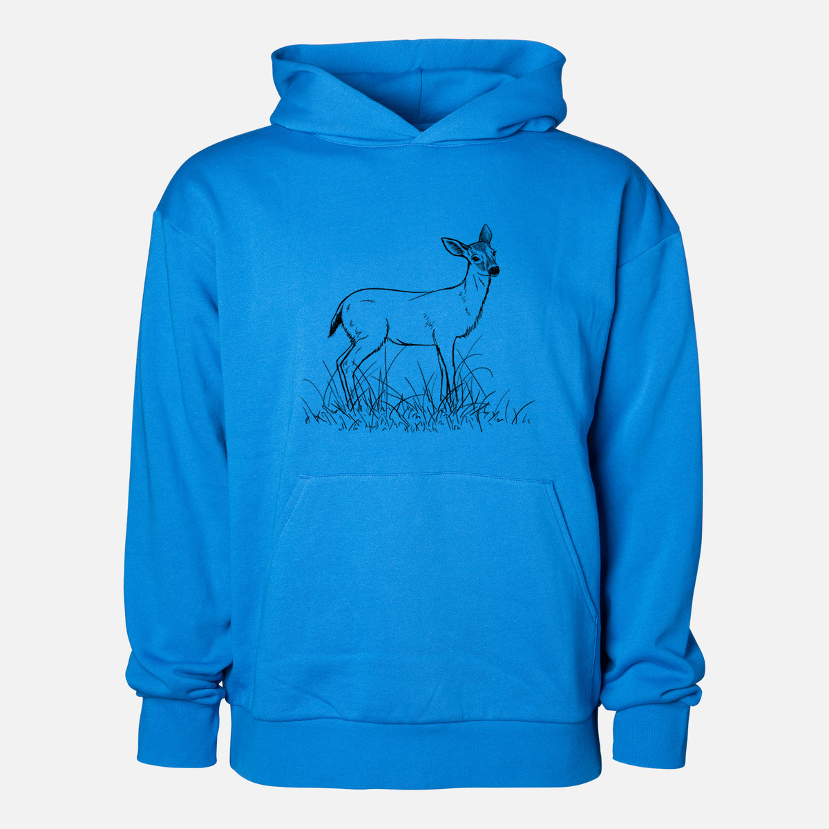 Black-tailed Deer Doe - Odocoileus hemionus hemionus - Statement Midweight Hoodie in Azure Blue, shown from the front with the design printed on the chest above a front kangaroo pocket.