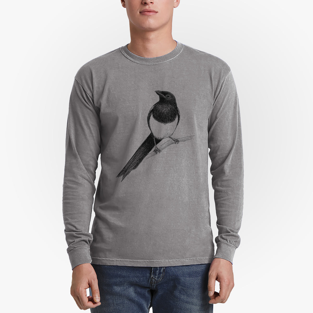 Black-billed Magpie - Pica hudsonia - Men&#39;s Heavyweight 100% Cotton Long Sleeve