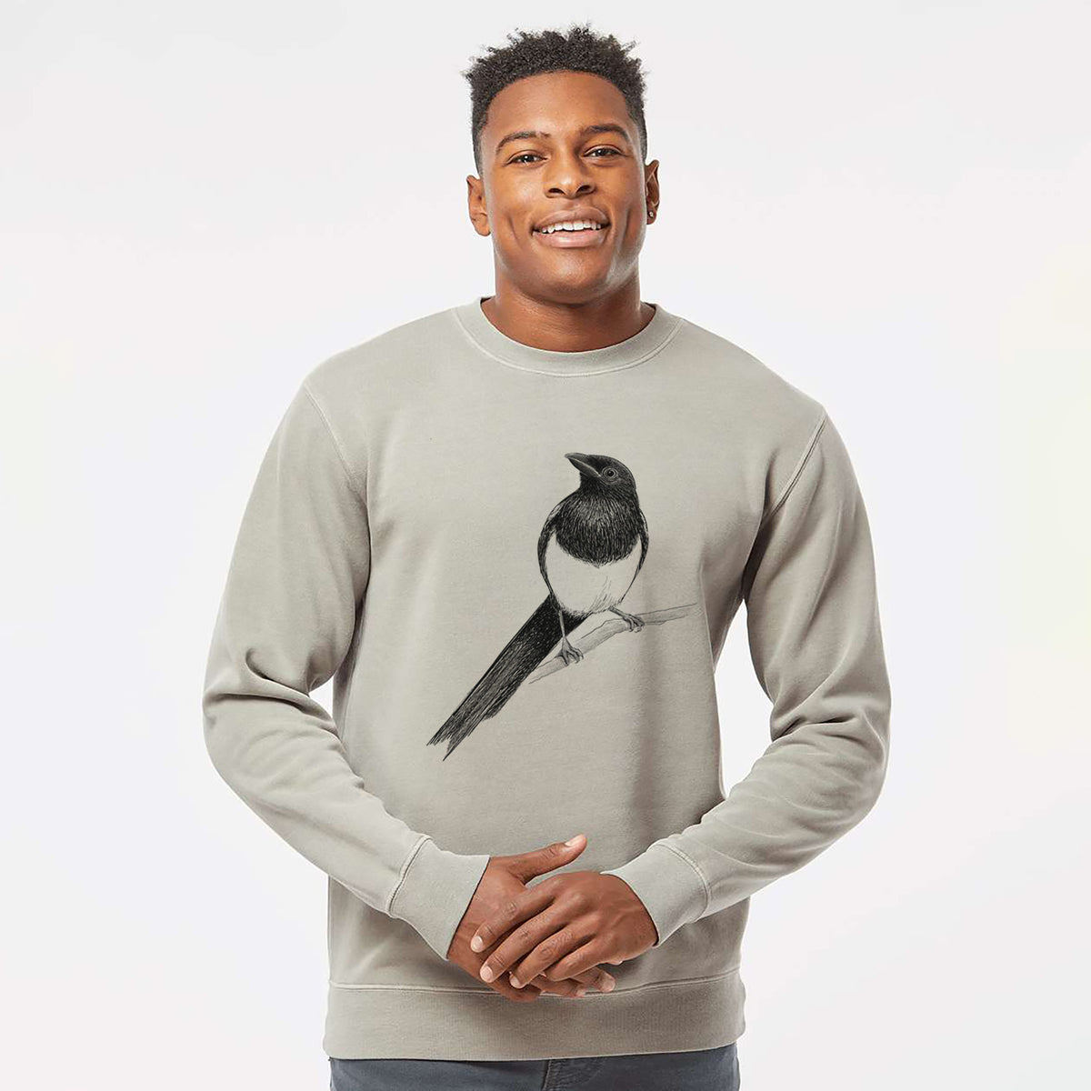 Black-billed Magpie - Pica hudsonia - Unisex Pigment Dyed Crew Sweatshirt