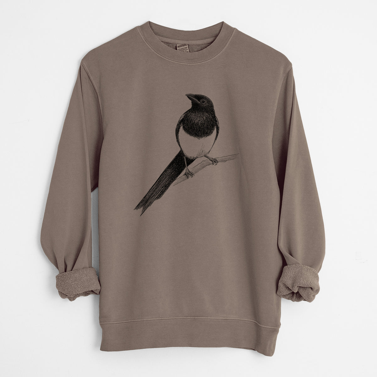 Black-billed Magpie - Pica hudsonia - Unisex Pigment Dyed Crew Sweatshirt in Espresso Brown Color