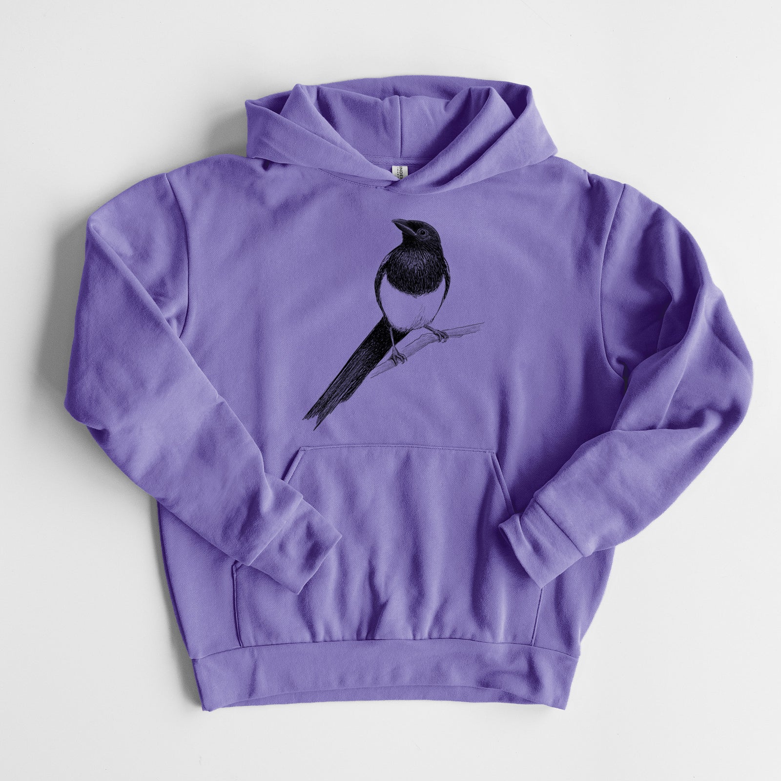 Black-billed Magpie - Pica hudsonia - Statement Midweight Hoodie in Violet, laid flat, showing the oversized boxy fit and front kangaroo pocket.