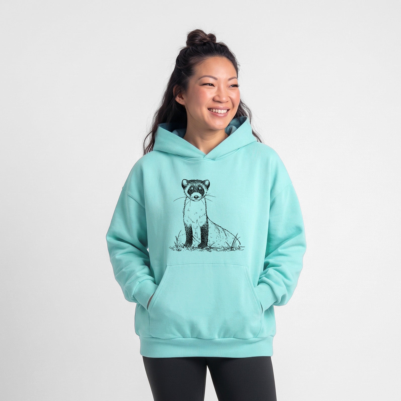 Black-footed Ferret - Mustela nigripes - Statement Midweight Hoodie in Violet, laid flat, showing the oversized boxy fit and front kangaroo pocket.