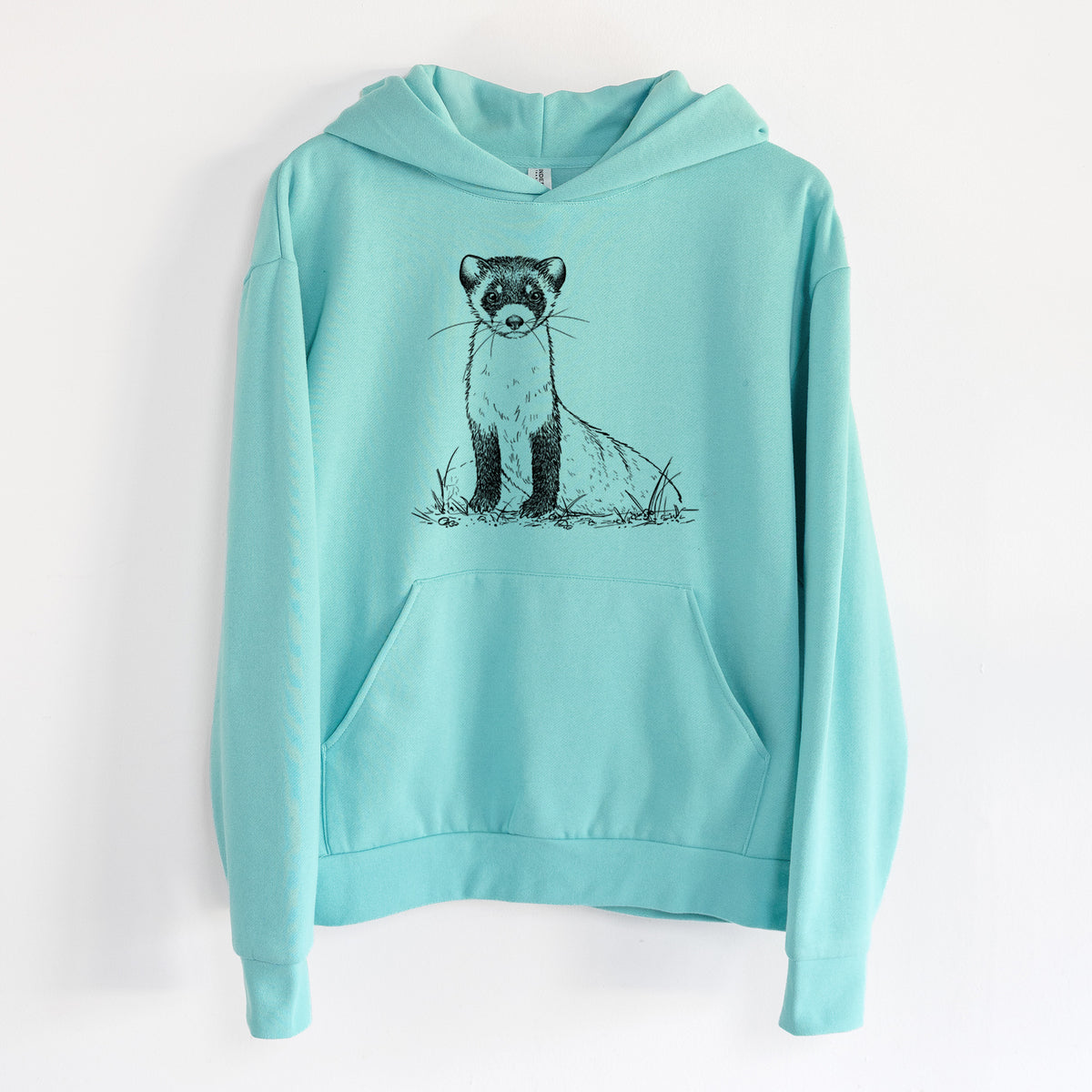 Black-footed Ferret - Mustela nigripes - Statement Midweight Hoodie in Seafoam, hanging on a white wall, with a front kangaroo pocket and no drawcords.
