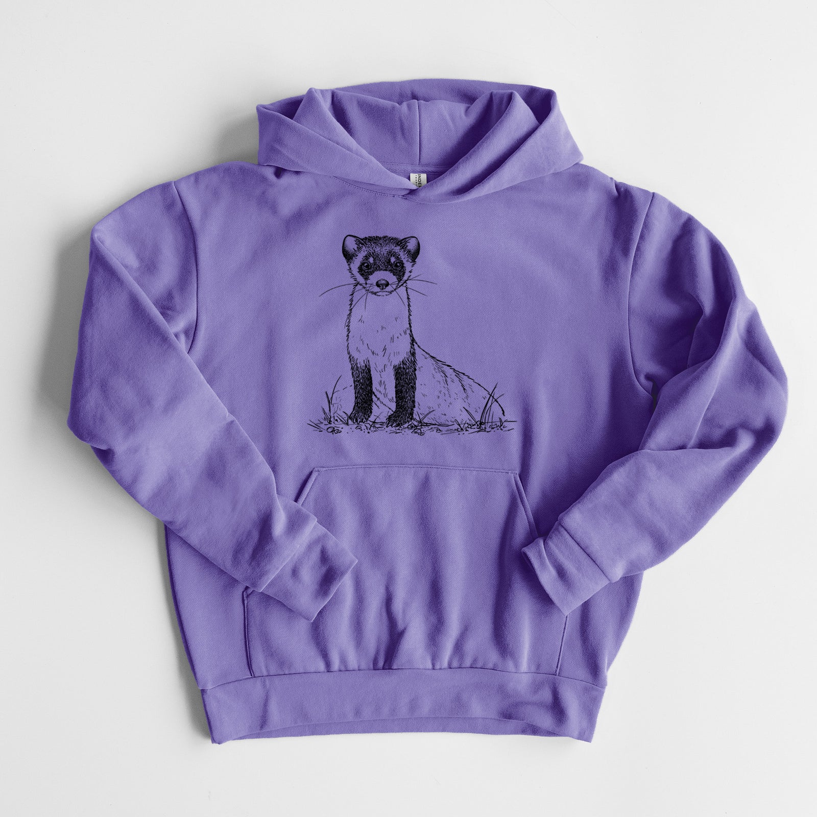 Black-footed Ferret - Mustela nigripes - Statement Midweight Hoodie in Violet, laid flat, showing the oversized boxy fit and front kangaroo pocket.