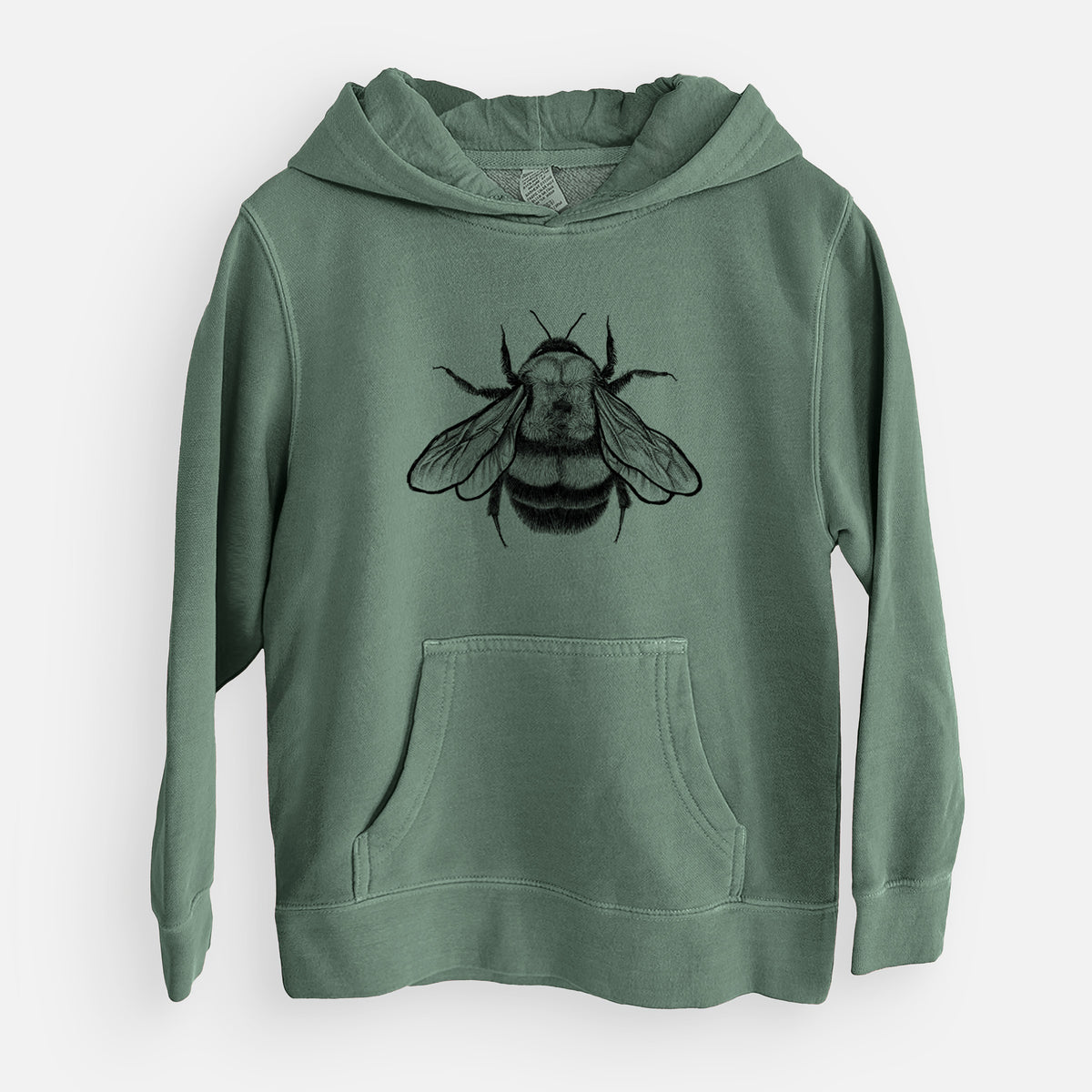 Alpine green youth pigment dyed hoodie laid flat, printed with a detailed black ink illustration of a rusty patched bumble bee with its wings spread, seen from above.
