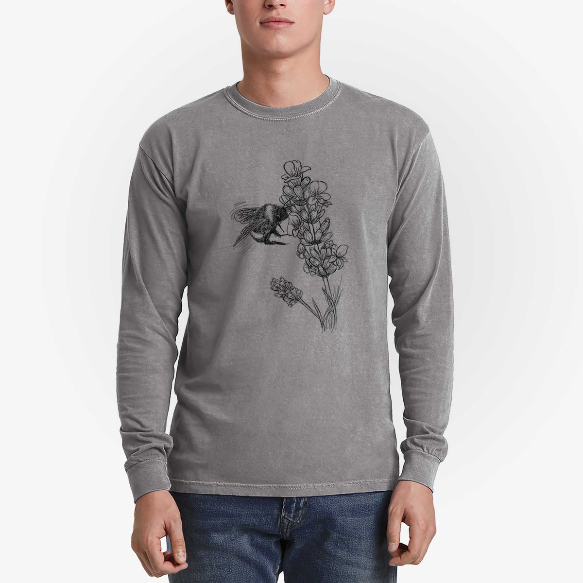 Bumblebee on English Lavender - Bombus Pensylvanicus - Men&#39;s Heavyweight 100% Cotton Long Sleeve