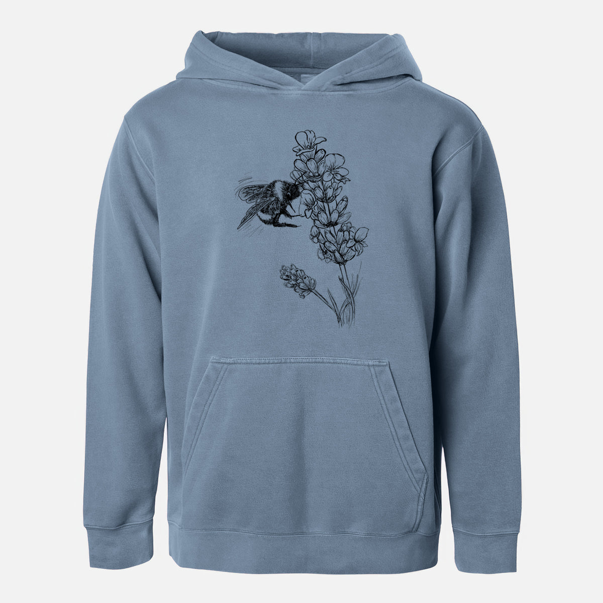 Slate blue youth pigment dyed hoodie laid flat, printed with a black ink illustration of a bumble bee visiting a sprig of lavender.