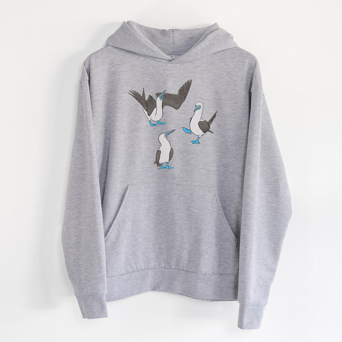 Blue-footed Booby Trio - Sula nebouxii - Statement Midweight Hoodie in Heather Grey, hanging on a white wall, with a front kangaroo pocket and no drawcords.