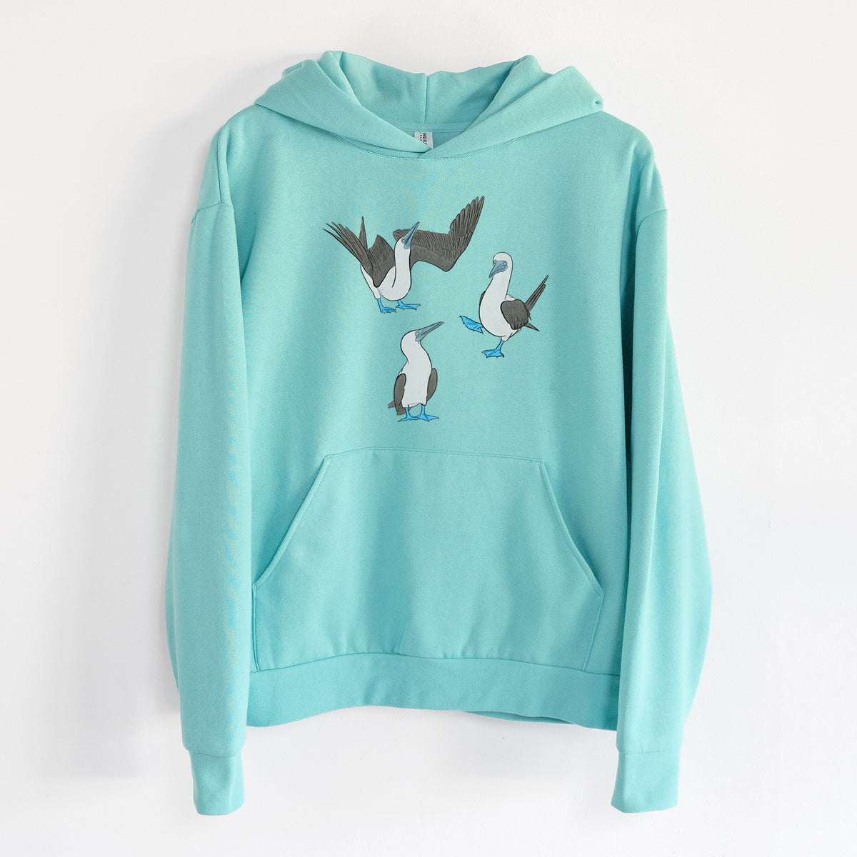 Blue-footed Booby Trio - Sula nebouxii - Statement Midweight Hoodie in Seafoam, hanging on a white wall, with a front kangaroo pocket and no drawcords.