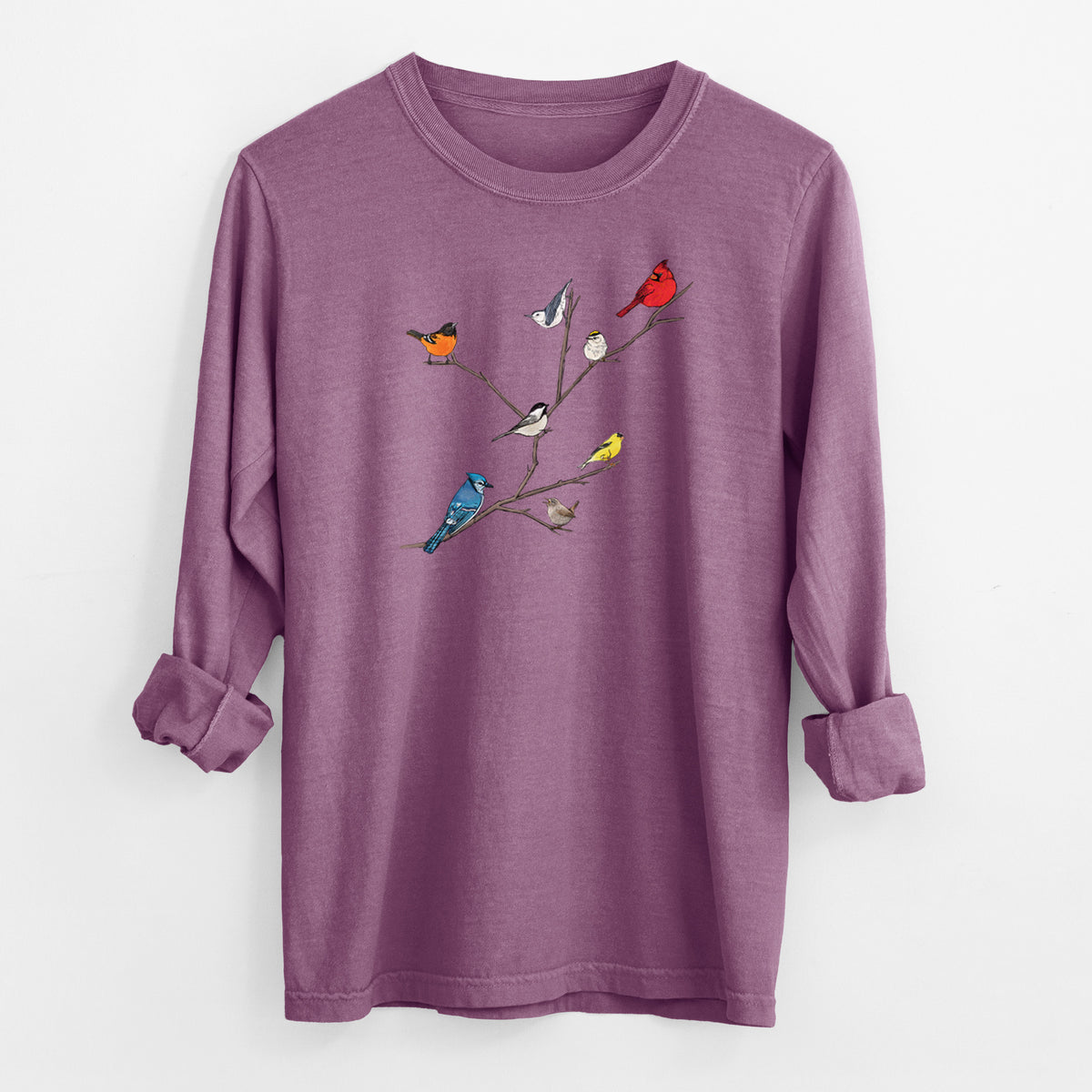 Backyard Birds Gathering - Men&#39;s Heavyweight 100% Cotton Long Sleeve
