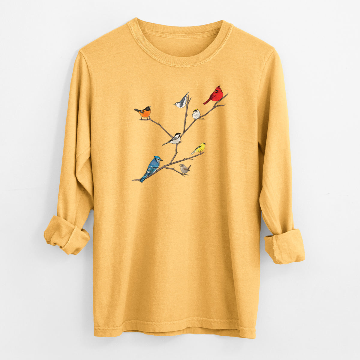 Backyard Birds Gathering - Men&#39;s Heavyweight 100% Cotton Long Sleeve