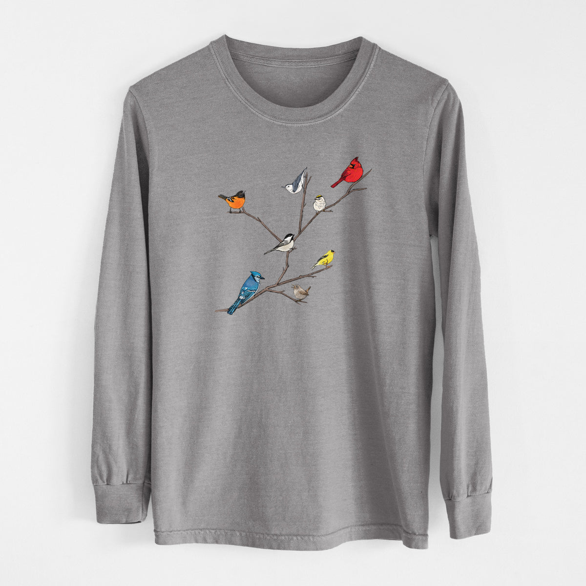 Backyard Birds Gathering - Men&#39;s Heavyweight 100% Cotton Long Sleeve