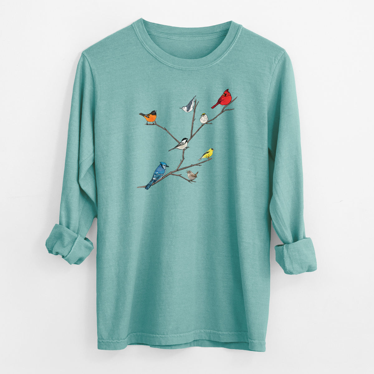 Backyard Birds Gathering - Men&#39;s Heavyweight 100% Cotton Long Sleeve