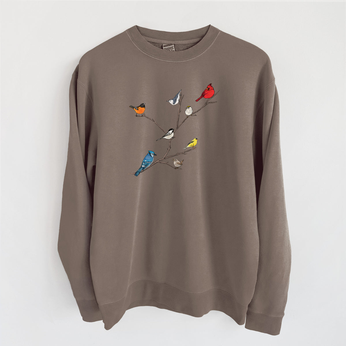 Backyard Birds Gathering - Unisex Pigment Dyed Crew Sweatshirt in Espresso