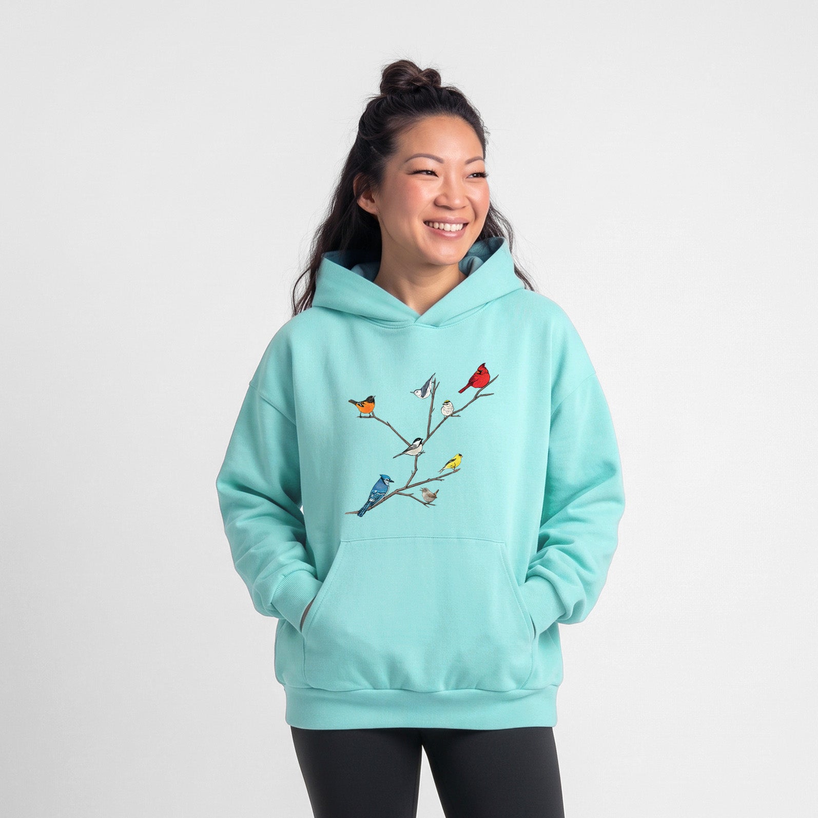 Backyard Birds Gathering - Statement Midweight Hoodie in Violet, laid flat, showing the oversized boxy fit and front kangaroo pocket.