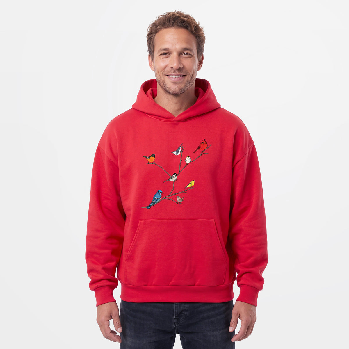 Male model wearing the Backyard Birds Gathering - Statement Midweight Hoodie.